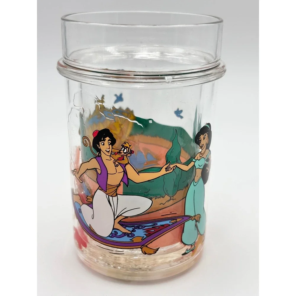 Vintage Disney Aladdin Acrylic Glitter Tumbler Jasmine Rajah Abu Plastic Cup